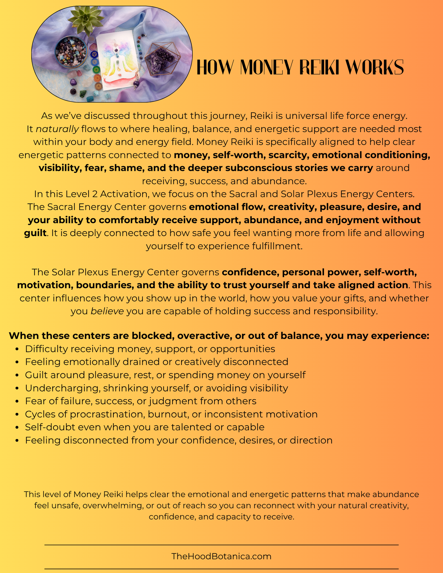 Informational text about Money Reiki on an orange background with a circular image of hands holding a book.